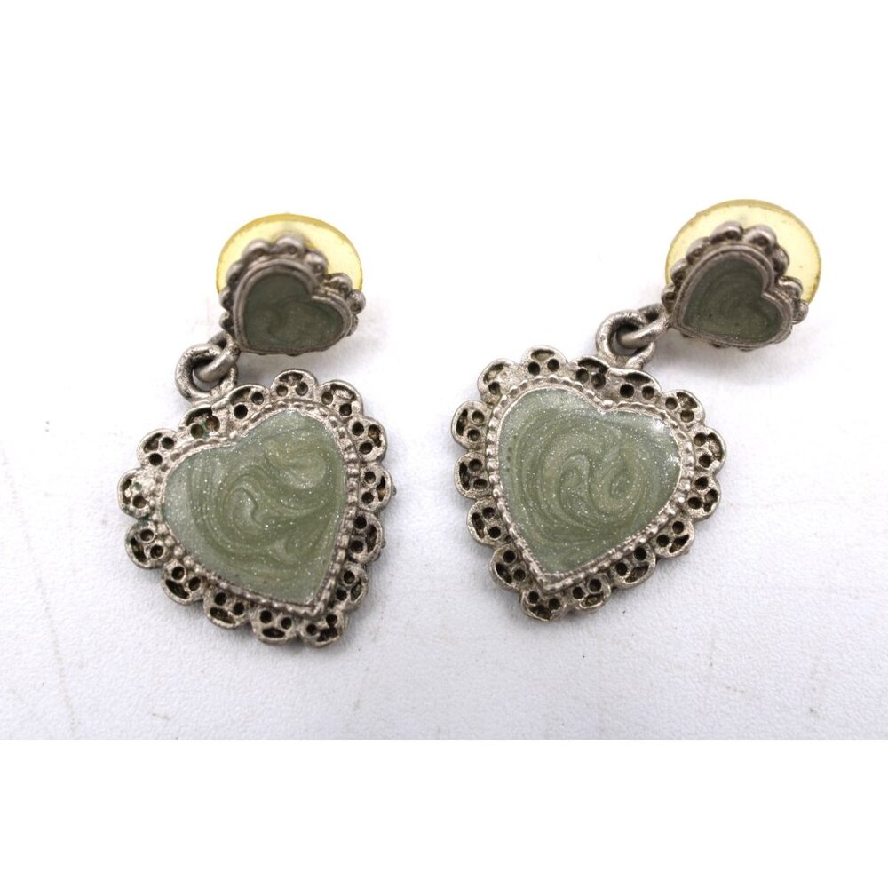 Heart Drop Enamel Earrings Sage Green Swirl and Ornate Framing Vtg Silver Tone - Picture 7 of 10